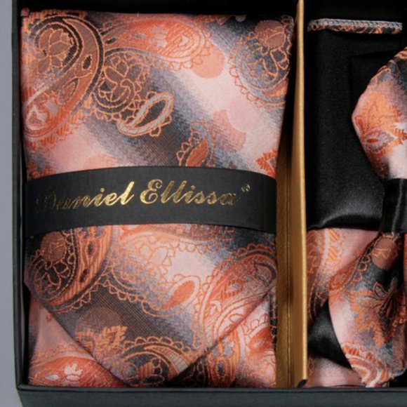 6 Piece Black Peach Paisley Necktie & Bow Tie Set - Picture 2 of 6